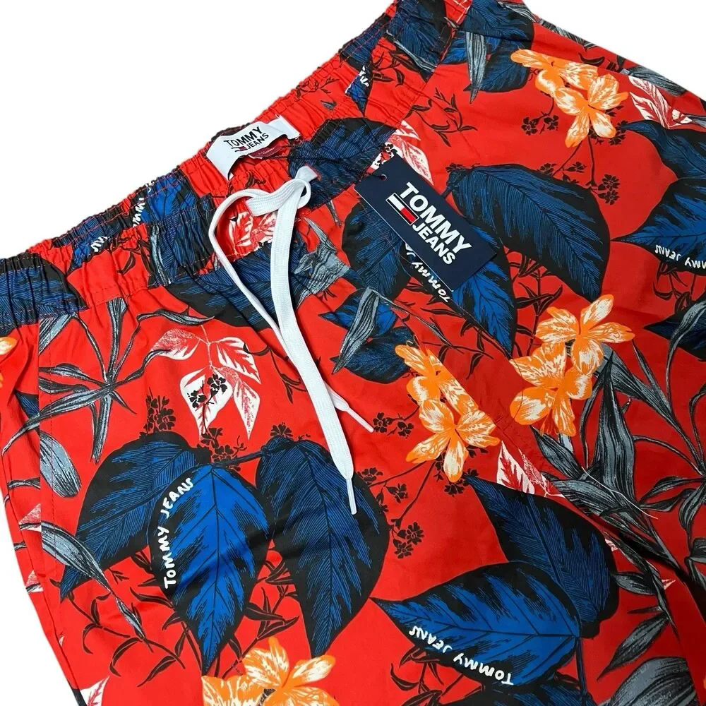Tommy Jeans Swim Trunk Mens L‎ Red Floral Hawaiian Tropical Resort Wear Vacation